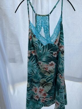 Hidden treasure Tropical Lace Trim Slip Dress - Teal Floral